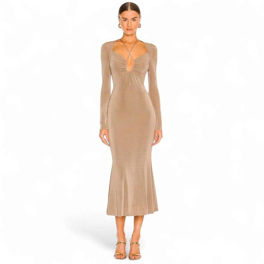 NWT Revolve Misha Khaki Engracia Plunge Neck Criss Cross Dress AU8 US4